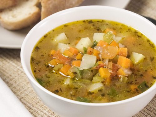 Potbelly Garden Vegetable Soup, Soup with carrots, potatoes, and herbs in chicken broth