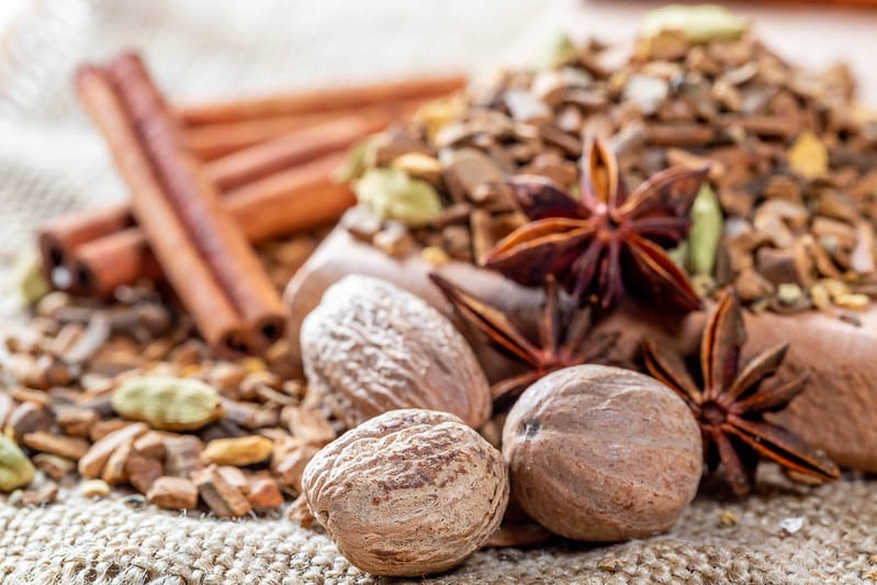 Whole cinnamon, nutmeg, and clove