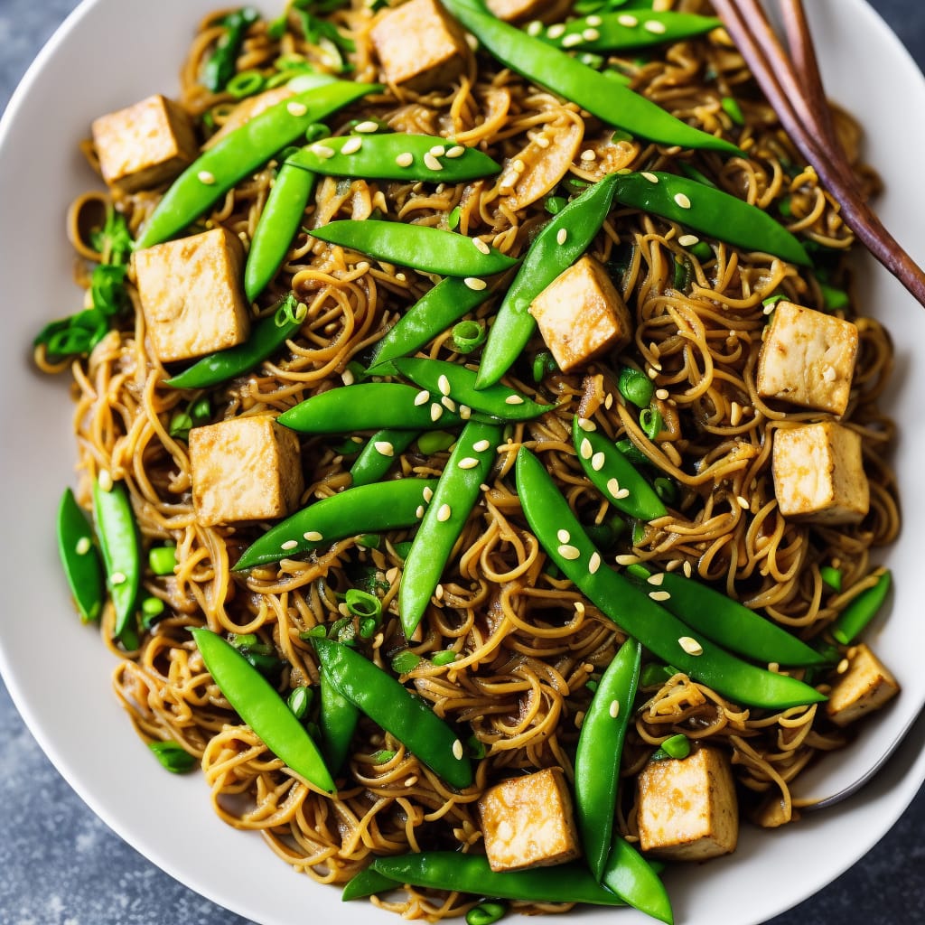 Tofu with Stir-Fried Noodles, Pak Choi & Sugar Snap Peas Recipe